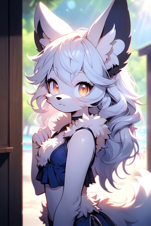 uploaded on e621,((Fumiko, I&#39;m Fujimoto, Author: TeamLab, Mikko Lagerstedt,Author: Silverfox5213)),SFW,ciberpunk, (hi res), ((Masterpiece)), ((Best Quality)),(chibi:0.3) , kemono, Furry, Wolf, animal ears, Body fur, 1women, 独奏, ((Short blue hair)), *//*, brown eye, *//*, looking a viewer, Smile, The Wolf Girl, (((woman's))), ((small breasts)), young adult, ,Red shading, Beach, day light, Toned body, Choker, cute pose, ((bikinis)), (Detailed background, Depth of field, half body shadow, Sunlight, ambient light on the body), (Intricate:0.1), (high detail:1.3), (Unreal engine:0.5), (soft focus:0.2), ,((Half-length portrait, three-quarter view,Cowboy shot)),  Fluffy anthropomorphic wolf, Fluffy wolf nose, wolf tail, ((light gray fur)), (perspective)