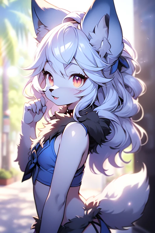 uploaded on e621,((Fumiko, I&#39;m Fujimoto, Author: TeamLab, Mikko Lagerstedt,Author: Silverfox5213)),SFW,ciberpunk, (hi res), ((Masterpiece)), ((Best Quality)),(chibi:0.3) , kemono, Furry, Wolf, animal ears, Body fur, 1women, 独奏, ((Short blue hair)), *//*, brown eye, *//*, looking a viewer, Smile, The Wolf Girl, (((woman's))), ((small breasts)), young adult, ,Red shading, Beach, day light, Toned body, Choker, cute pose, ((bikinis)), (Detailed background, Depth of field, half body shadow, Sunlight, ambient light on the body), (Intricate:0.1), (high detail:1.3), (Unreal engine:0.5), (soft focus:0.2), ,((Half-length portrait, three-quarter view,Cowboy shot)),  Fluffy anthropomorphic wolf, Fluffy wolf nose, wolf tail, ((light gray fur)), (perspective)