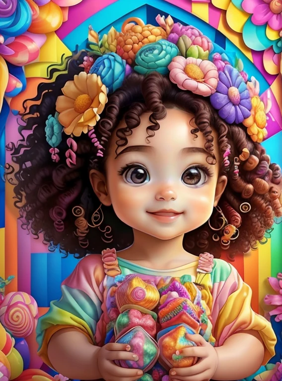 (cute  with curly hair smiling with flowers and candies),(melhor pose),(best angle), (better expression), Eduardo Kobra acolchoamento ,multidimensional geometric wall PORTRAIT, arte, Chibi,
Yang08k, lindo, Colouring,
Primary works, qualidade superior, melhor qualidade, Arte Oficial, Beautiful and Aesthetic, pelos coloridos,