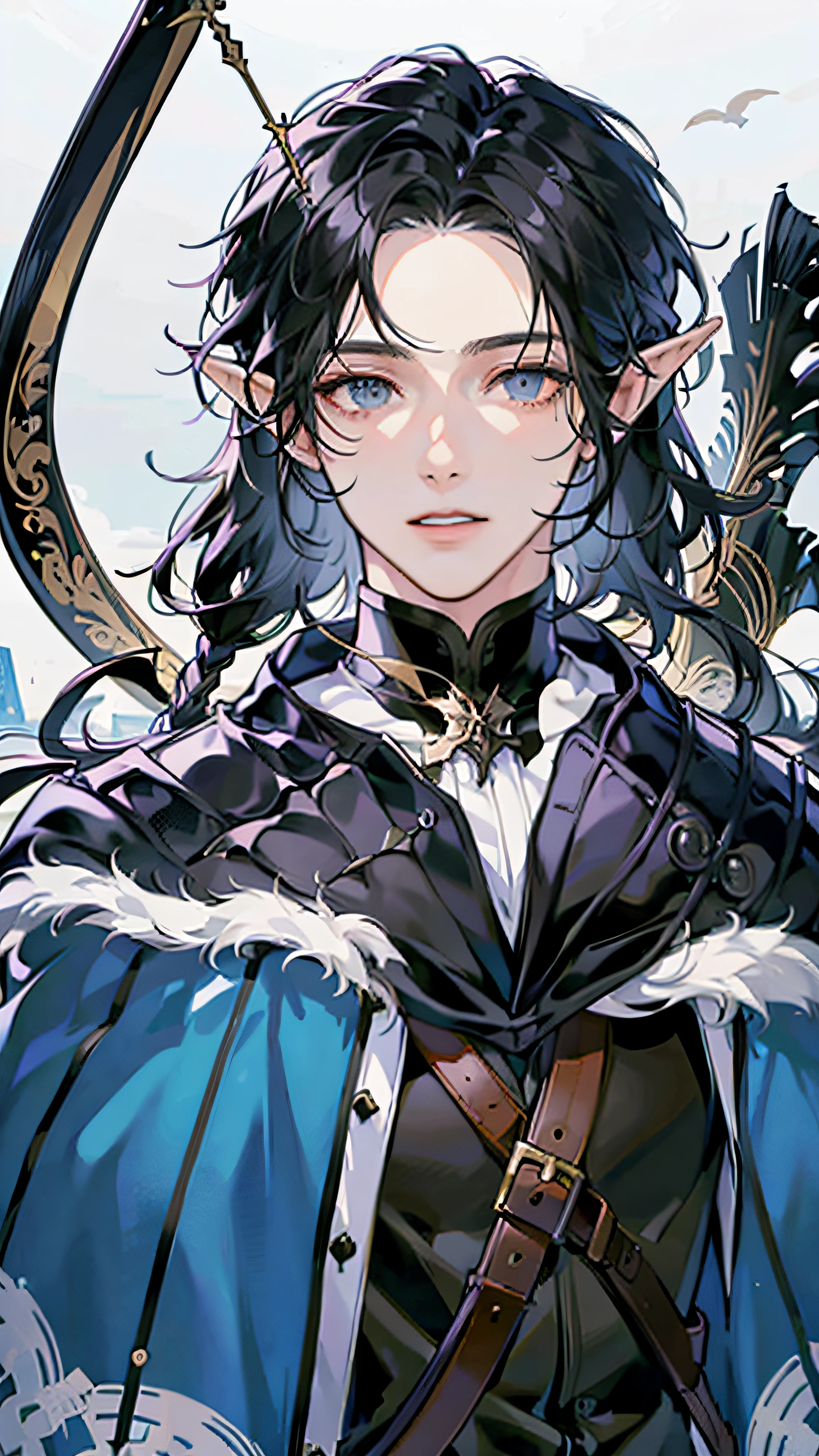 (masterpiece, best quality) there is a drawing of a adual man with a bow and arrow, a portrait of a male elf, character art closeup, black hair, gray brigt eyes, wildcloak, winter