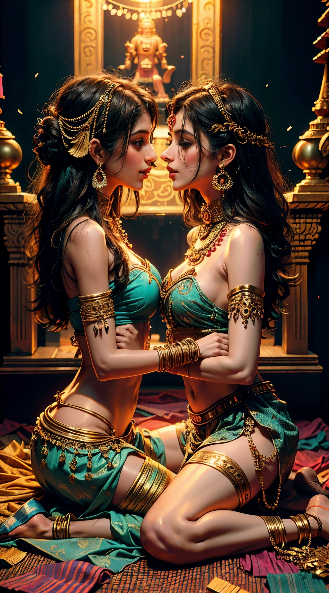 2 young and skinny indian girls kissing, using tipical clothes and accessories, having sex in a temple, mandalas and Ganesha statues in the background