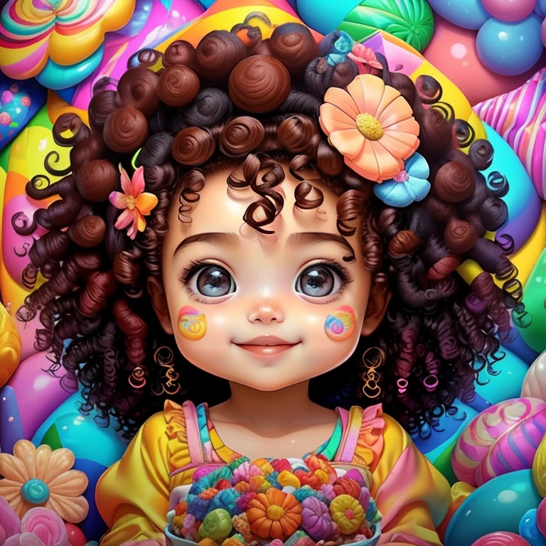 (cute baby girl with curly hair smiling with flowers and candies),(melhor pose),(best angle), (better expression), Eduardo Kobra acolchoamento ,multidimensional geometric wall PORTRAIT, arte, Chibi,
Yang08k, lindo, Colouring,
Primary works, qualidade superior, melhor qualidade, Arte Oficial, Beautiful and Aesthetic, pelos coloridos,