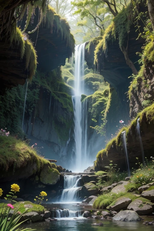 A hidden, mossy grotto with sparkling waterfalls and vibrant flowers, dr. suess style