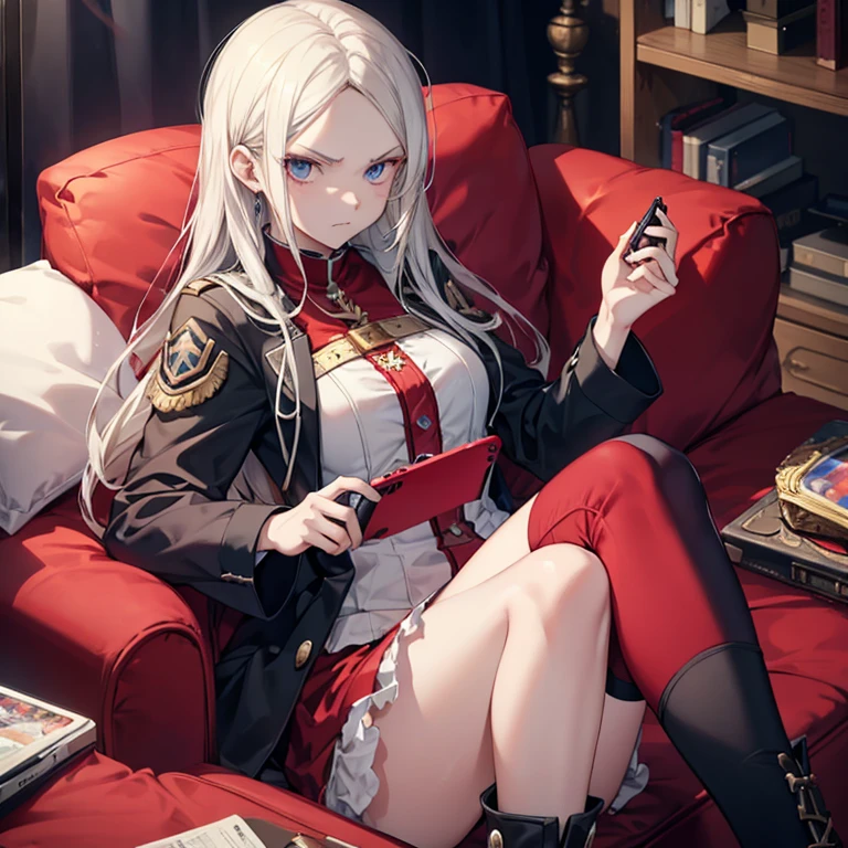 Edelgard aus Hresvelg, who is holding a Nintendo Gamecube controller and playing games angrily