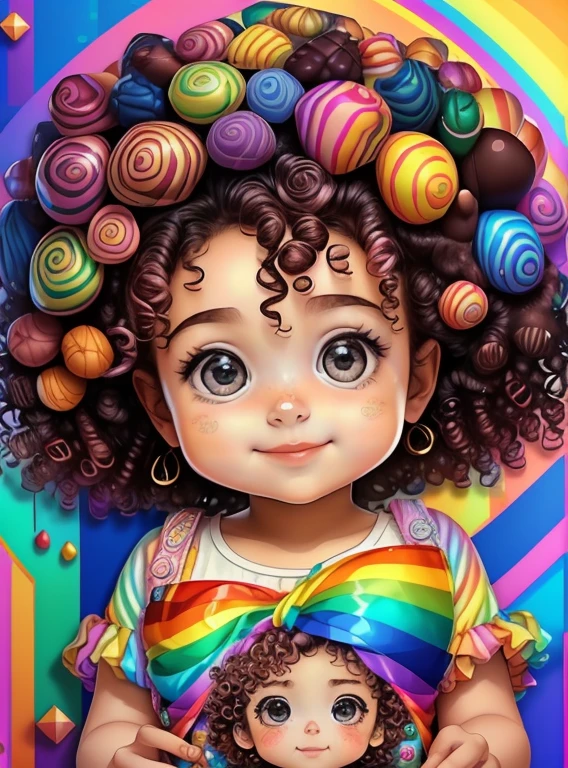 (cute baby girl with curly hair smiling with chocolates and rainbow),(melhor pose),(best angle), (better expression), Eduardo Kobra acolchoamento ,multidimensional geometric wall PORTRAIT, arte, Chibi,
Yang08k, lindo, Colouring,
Primary works, qualidade superior, melhor qualidade, Arte Oficial, Beautiful and Aesthetic, pelos coloridos,