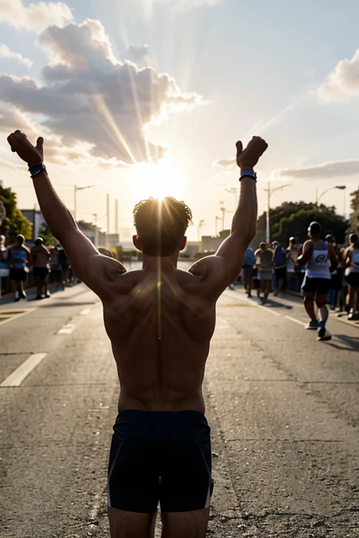 man with one hand raised celebrating a victory, with sunlight on his back, allowing only his silhouette to appear, contrasting with the strong light coming from the sun's rays, in the background of a marathon finish.