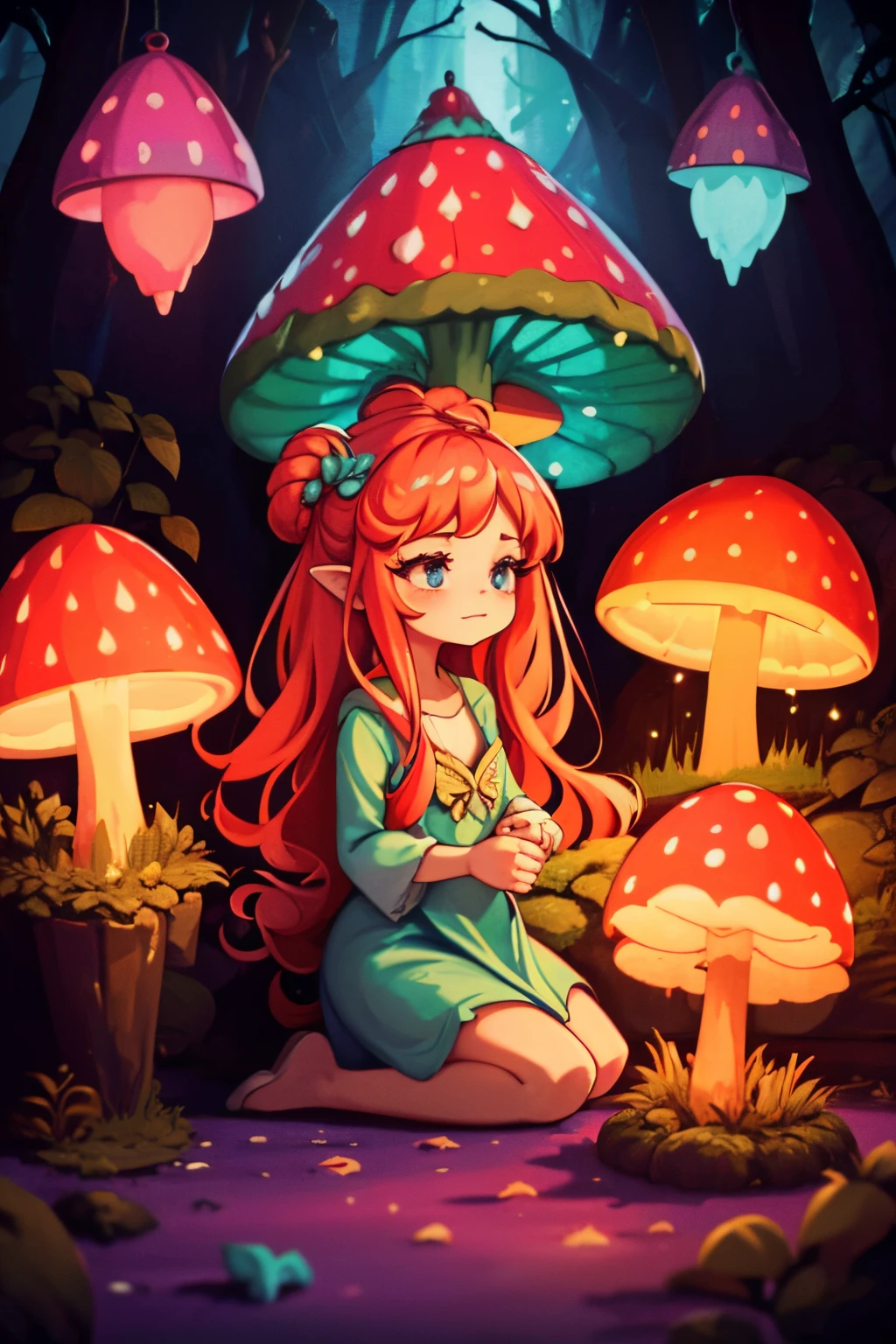 4k, 8k, 16k, A girl dressed as a glowing mushroom. (best quality, highres), detailed glowing mushroom costume, enchanting forest setting, magical atmosphere, vibrant colors, soft lighting, dreamlike scenery, ethereal and mysterious, enchanting beauty, intricate mushroom patterns, mesmerizing glow, delicate facial features, radiant eyes, captivating smile, graceful posture, fairy-like appearance.