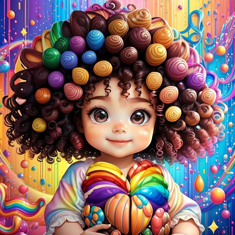 (cute baby girl with curly hair smiling with chocolates and rainbow),(melhor pose),(best angle), (better expression), Eduardo Kobra acolchoamento ,multidimensional geometric wall PORTRAIT, arte, Chibi,
Yang08k, lindo, Colouring,
Primary works, qualidade superior, melhor qualidade, Arte Oficial, Beautiful and Aesthetic, pelos coloridos,