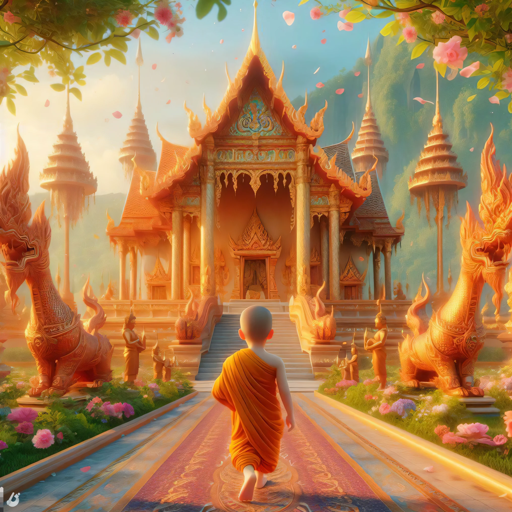 a picture taken from a picture of a monk walking down a path, thailand art, tithi luadthong, temple background, thai temple, buddhism, beautiful digital artwork, 3 d render and matte painting, very beautiful digital art, a mystical temple, glowing temple in the distance, fantasy matte painting,cute, thailand, symmetrical epic fantasy art, andreas rocha style