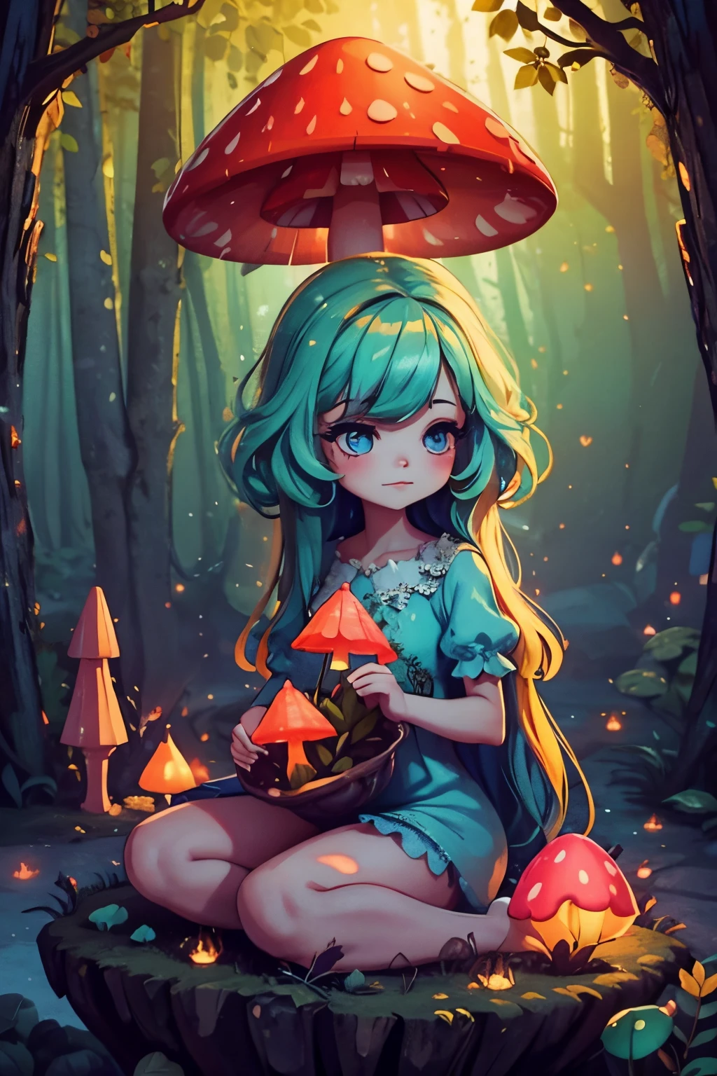 4k, 8k, 16k, A girl dressed as a glowing mushroom. (best quality, highres), detailed glowing mushroom costume, enchanting forest setting, magical atmosphere, vibrant colors, soft lighting, dreamlike scenery, ethereal and mysterious, enchanting beauty, intricate mushroom patterns, mesmerizing glow, delicate facial features, radiant eyes, captivating smile, graceful posture, fairy-like appearance.