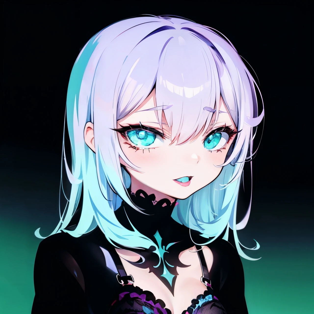 (Ahegao) CYAN hair Girl,Wear black lingerie,bright purple lips,Detailed eyes and face,Long loose CYAN hair,standing in a dark room,Soft lighting,vivid colors,Artistic portrait,High resolution. (SNFW)