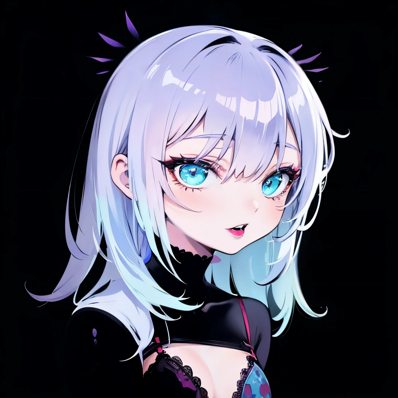 (Ahegao) CYAN hair Girl,Wear black lingerie,bright purple lips,Detailed eyes and face,Long loose CYAN hair,standing in a dark room,Soft lighting,vivid colors,Artistic portrait,High resolution. (SNFW)