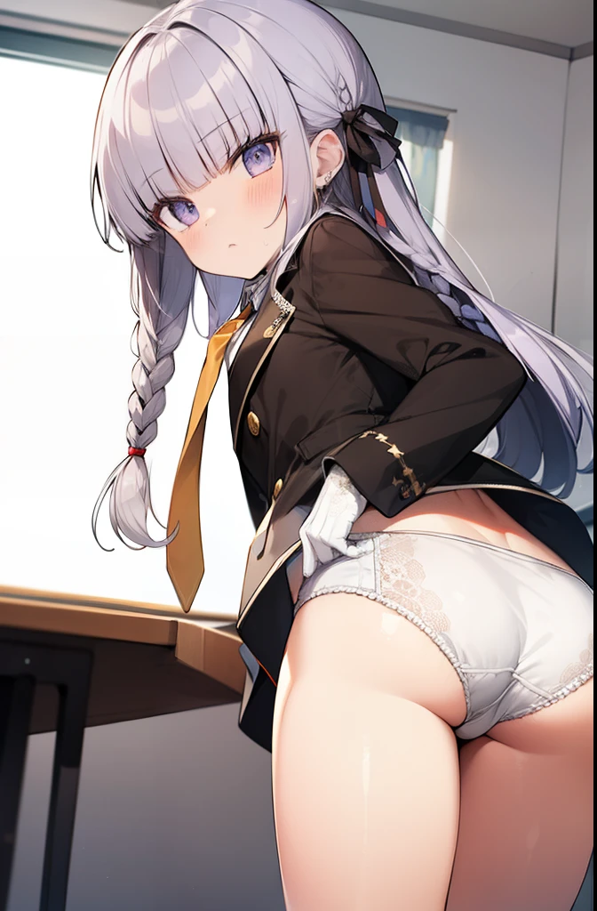 kyokokirigiri, kyoko kirigiri, (braid:1.1), hair behind ear, long hair, (side braid:1.1), light purple hair, hair ribbon, ribbon, (purple eyes:1.1),
BREAK black gloves, brown necktie, collared shirt, gloves, jacket, necktie, orange necktie, shirt, side braid, white shirt,
BREAK indoors, classroom,
BREAK looking at viewer,
BREAK (masterpiece:1.2), best quality, high resolution, unity 8k wallpaper, (illustration:0.8), (beautiful detailed eyes:1.6), extremely detailed face, perfect lighting, extremely detailed CG, (perfect hands, perfect anatomy),(white panties:1.5), (ass:1.5), kneeling, leaning forward, body tilt, small breasts, (short, tiny, little:1.5), blush, embarrassed, from below, from back, cowboy shot, spread legs, dutch angle