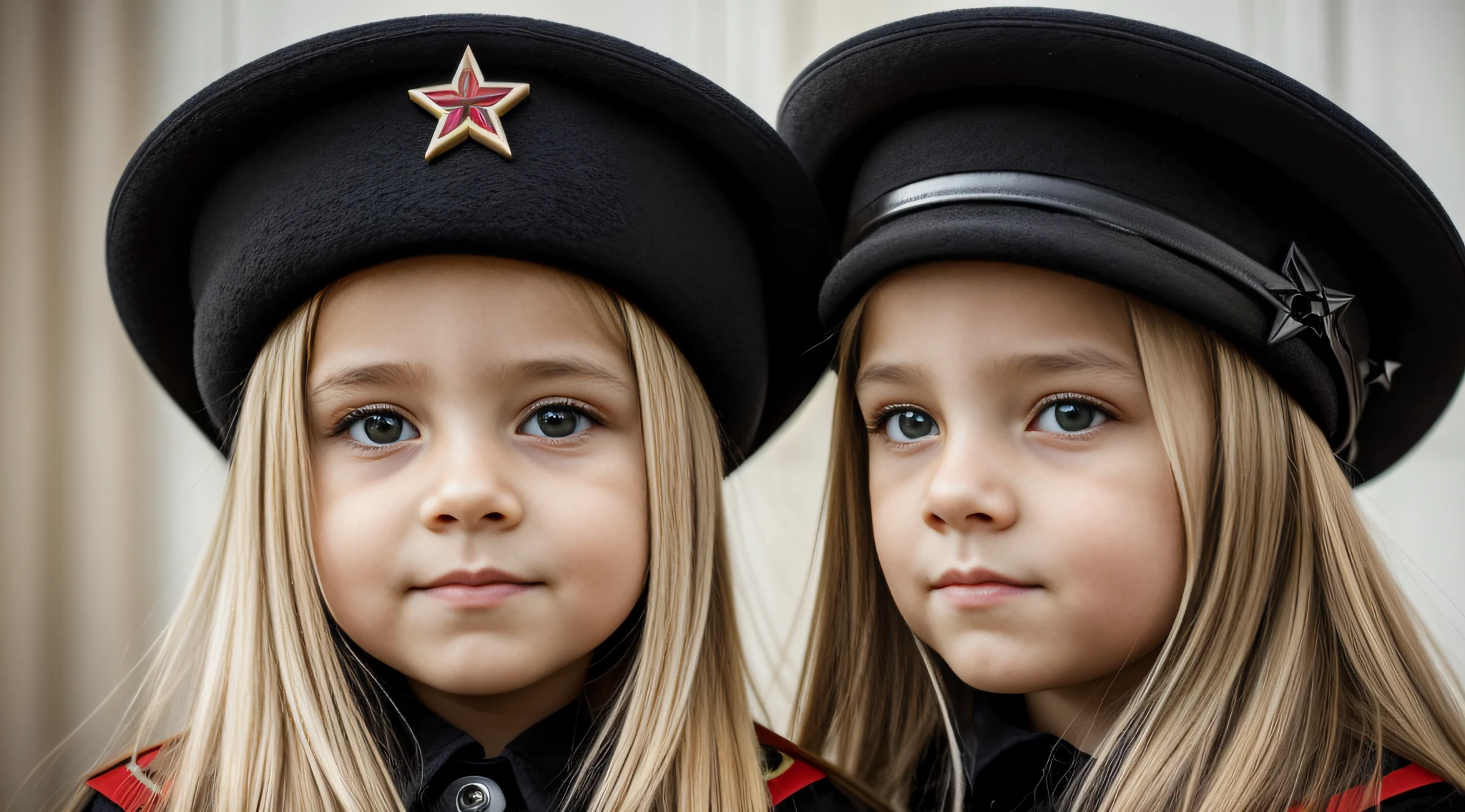 a close-up of a blonde  with long hair and a black hat with a star, URSS, boina preta com uma estrela vermelha, russo, pele, soviete, Boinas, soviet style, SOVIET UNION, sovietic era, soviet military, Soviet nostalgia, ( ( large black hat ) ), Russia, kalap, Eslavo, boina preta, 1972 soviético, CCCP, plush