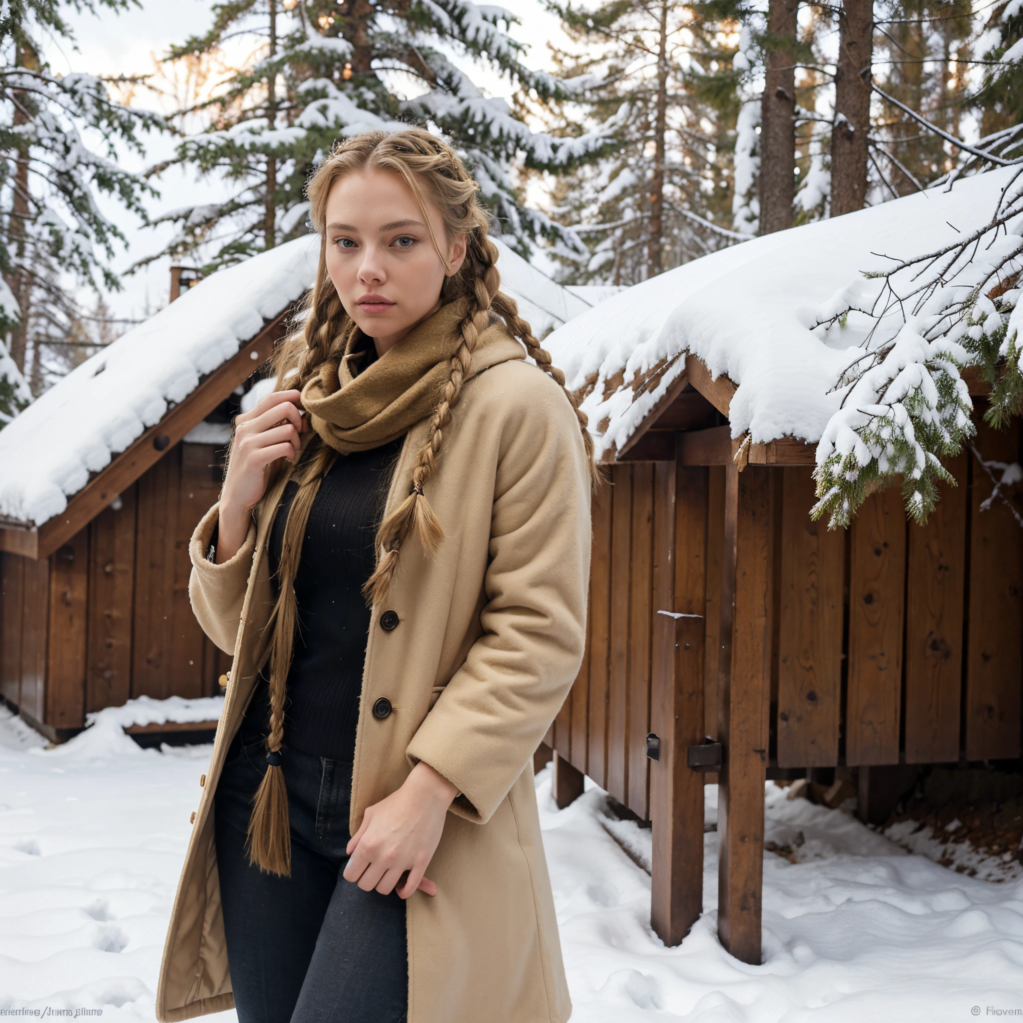 show me a 21 year old girl, blonde hair in braids, athletic build, dressed in fall clothes on a nature walk with evergreens in the snow, wearing a furry coat and a scarf, she looks like a mix between angelina jolie and scarlett johanssen, girl next door