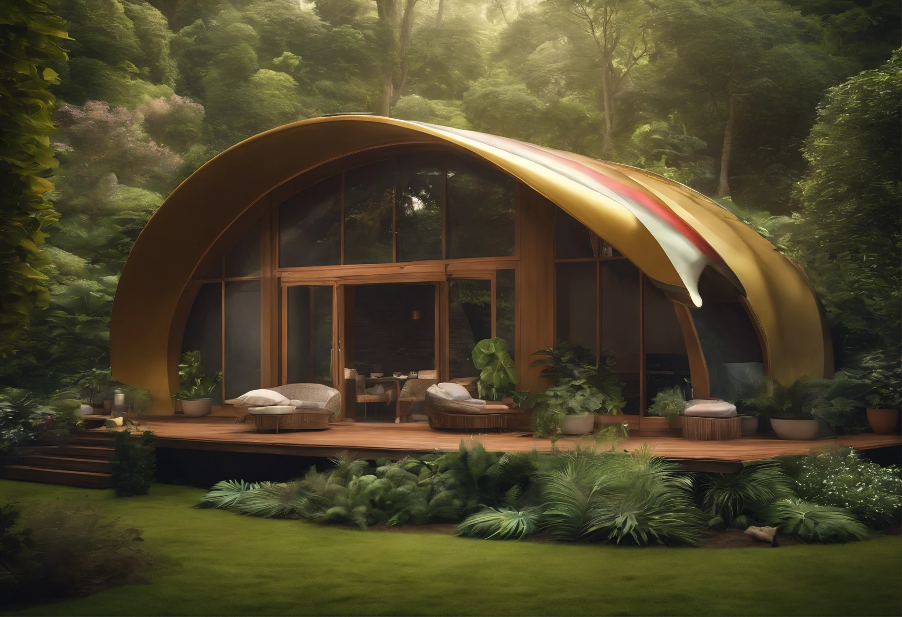 (((Giant rainbow banana house emits auroras,covered with vines,leafs,fresh flowers))),Intense contour light,Luminous inside,Colorful,((Best quality)), ((tmasterpiece)),Enhanced dynamic viewing angle,Sparkling creek,(weeds),flowers blooming,glowing effect,ultra - detailed,Works of masters,high high quality,8K分辨率,depth of fields,电影灯光,epic graphics,high high quality,ultra - detailed,Detailed pubic hair,Accurate,电影灯光