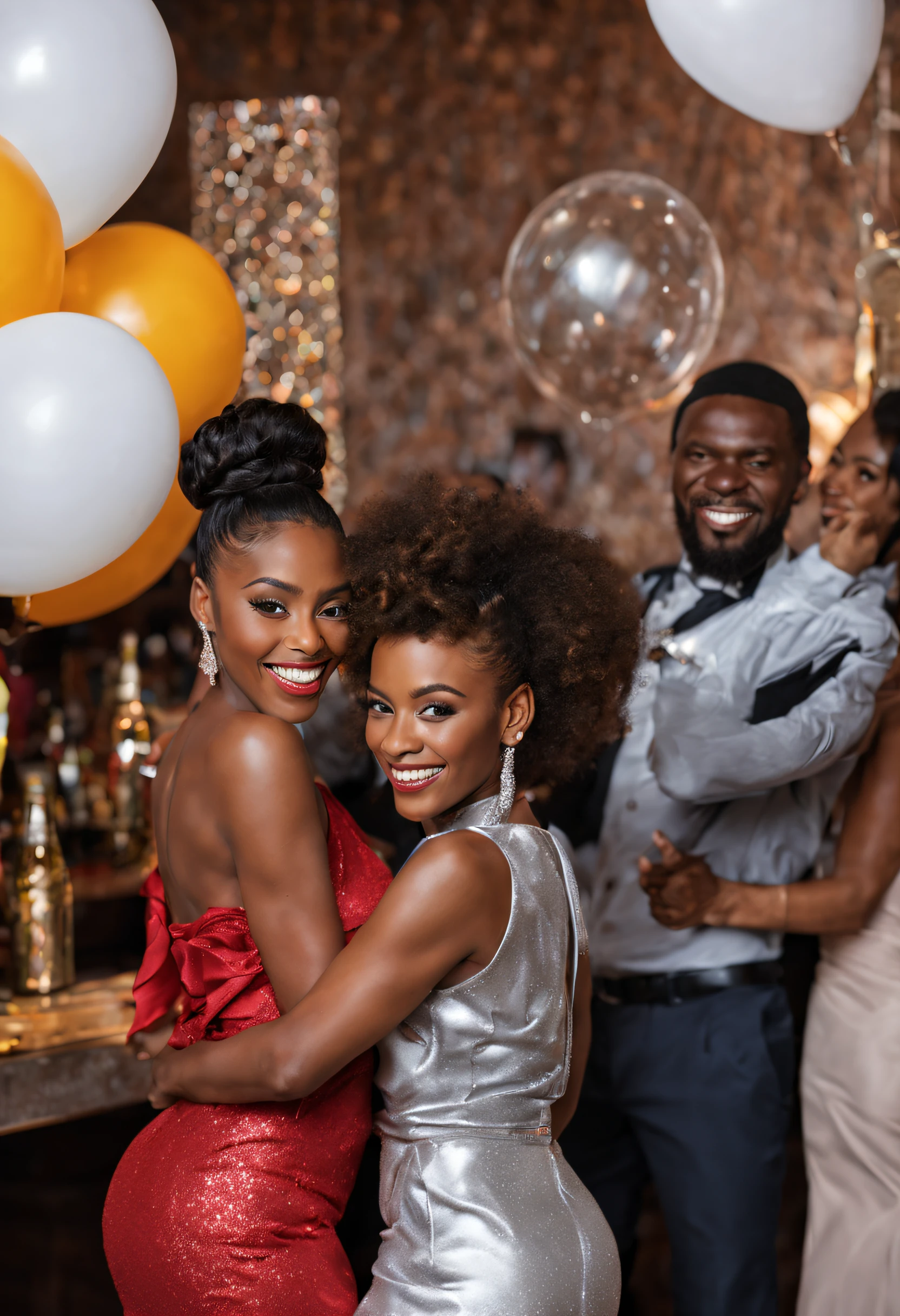 Create a 3D digital image of two African American exotic beautiful friends celebrating their friend anniversary with their backs to the camera and hands in the air in joyous celebration. This is a celebration so they are taking several shots at a classy bar with clubwear attired people all around them and the friends are wearing red and gold club attire with wispy updos. Silver, black, and white glittery balloons around them. There are lots of colorful fancy drinks on the bar in front of them. Beyond the bar in front of them is a dance floor.
