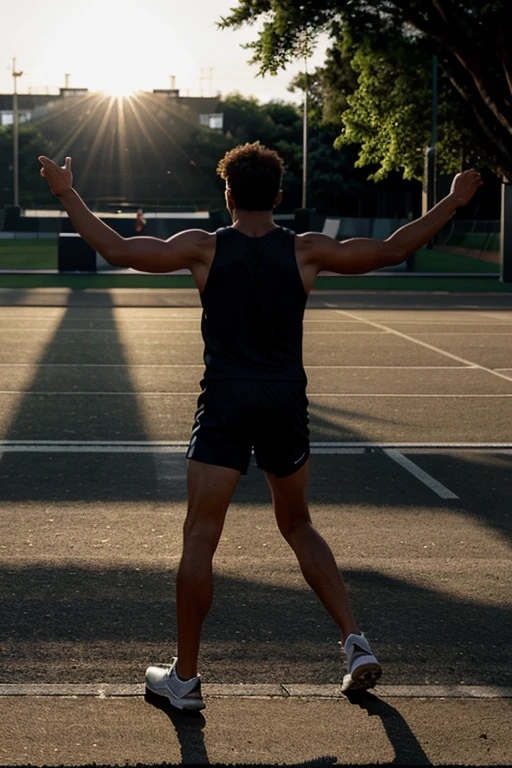 man crossing a running track with one hand raised celebrating a victory, with sunlight on his back, allowing only his silhouette to appear, contrasting with the strong light coming from the sun's rays, in the background of a marathon finish.