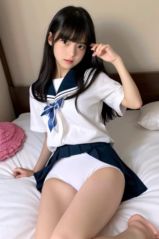 An ultra-high picture quality、Perfect Photo、 beautiful girl、Japan beautiful girl、Junior hight skinned、slender、Black Haired Beautiful Girl、cute little、Beautuful Women、(tiny chest)、(Lying on his back on the bed)、((Nokezoru))、With bangs、(pleatedskirt)、Raised mini skirt、Learn uniforms、a sailor suit、((rampage))、((It hurts a lot))、((Shedding tears))、(hate)、(Painful)、(closed eye)、(Kicking with your feet)、(raise her legs)、(resist)、(Close your eyes in fear)、(half-opened mouth)、(Resist fiercely)、Skirt twisting、sports hair、Straight hair、glares、semi long hair、(Teary-eyed)、girl's own room、thighs thighs thighs thighs、My pants got caught on my legs.、Half-taken panties、((Full view of the crotch))、((White panties in full view))、((Held down by a man))、((Man to attack))、