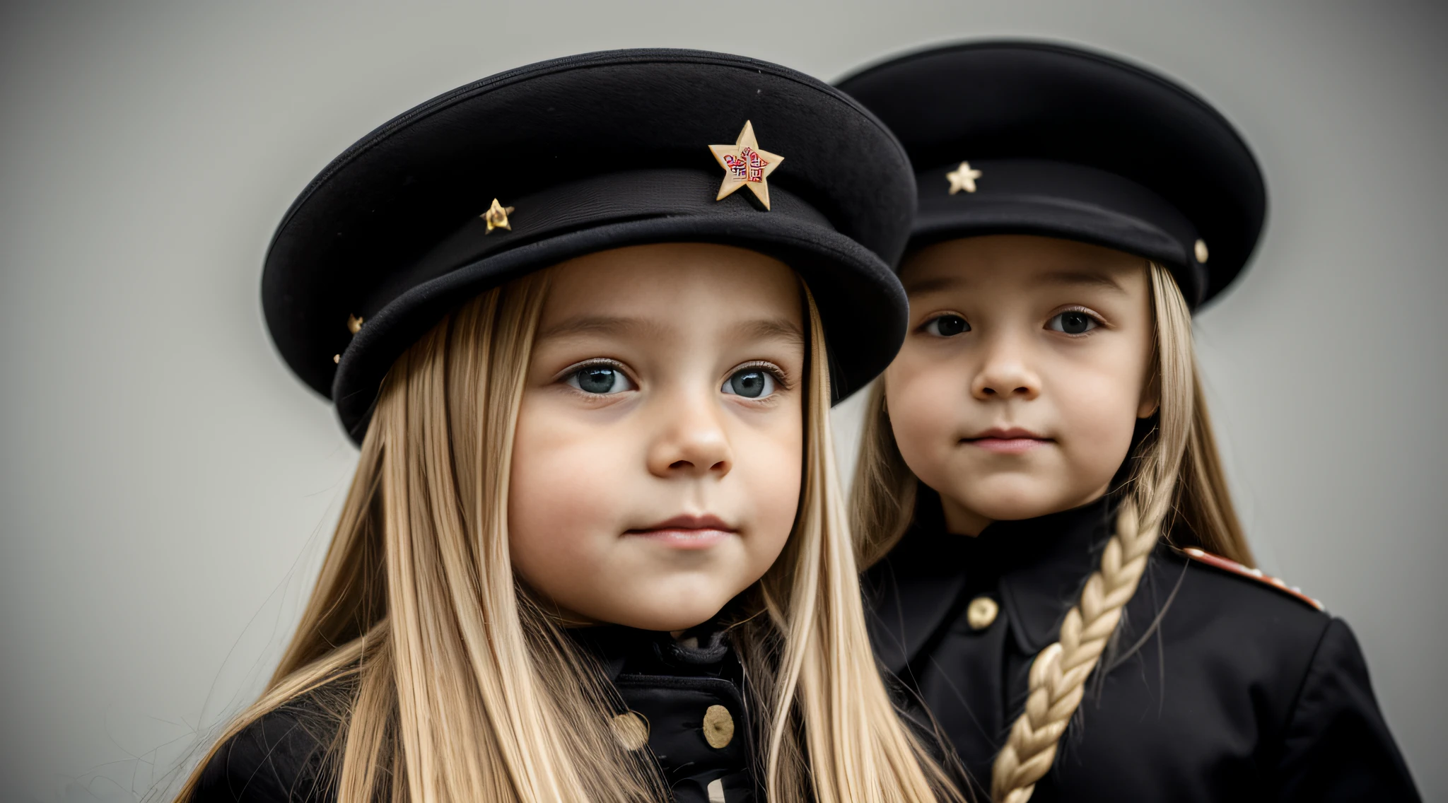 a close-up of a blonde child with long hair and a black hat with a star, URSS, boina preta com uma estrela vermelha, russo, pele, soviete, Boinas, soviet style, SOVIET UNION, sovietic era, soviet military, Soviet nostalgia, ( ( large black hat ) ), Russia, kalap, Eslavo, boina preta, 1972 soviético, CCCP, plush