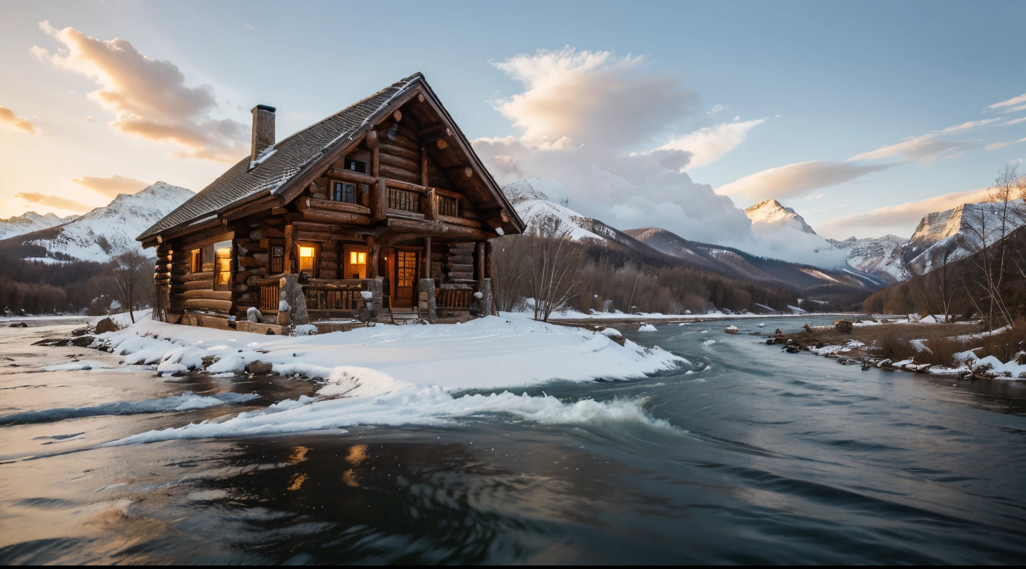 log house in top of the mountain, beautiful river, and country life,