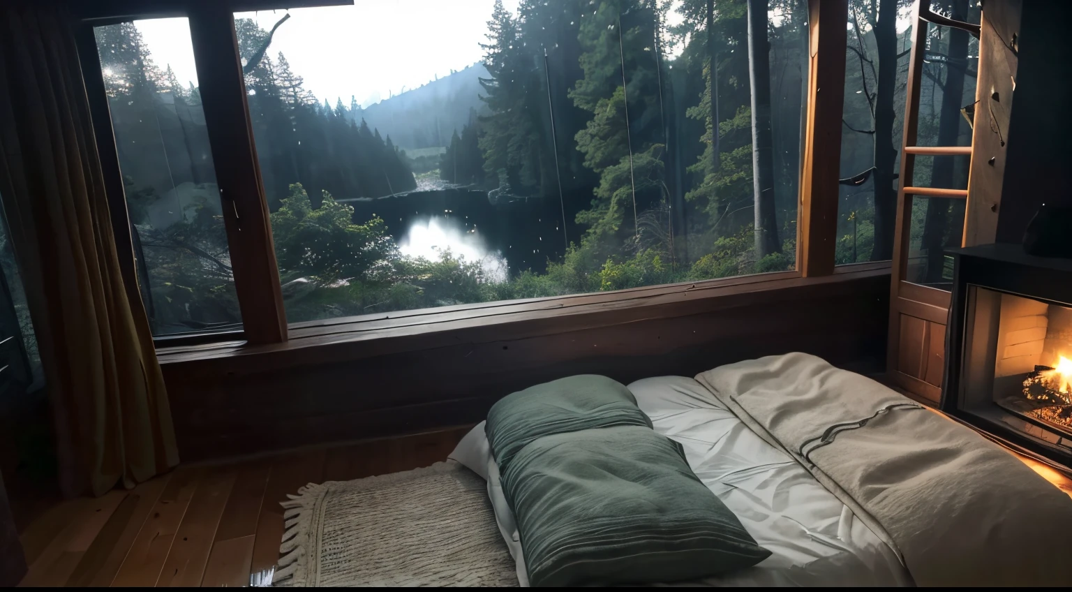 a bedroom with a fire place in the middle of the room, large windows to forest at night, cozy place, cozy and calm, cozy and peaceful atmosphere, cozy atmospheric, cozy room, cozy environment, cozy bed, cozy night fireflies, cozy treehouse bedroom, dreamy atmosphere and drama, soothing and cozy landscape, inside on a rainy day, cosy atmoshpere