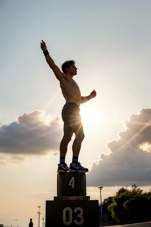 man on a podium with one hand raised celebrating a victory, with sunlight on his back, allowing only his silhouette to appear, contrasting with the strong light coming from the sun's rays, in the background of a marathon finish.