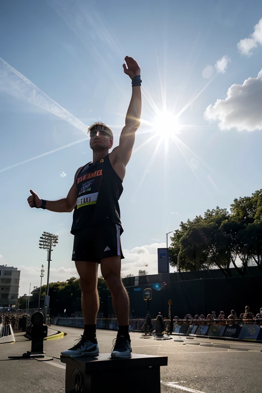 man on a podium with one hand raised celebrating a victory, with sunlight on his back, allowing only his silhouette to appear, contrasting with the strong light coming from the sun's rays, in the background of a marathon finish.