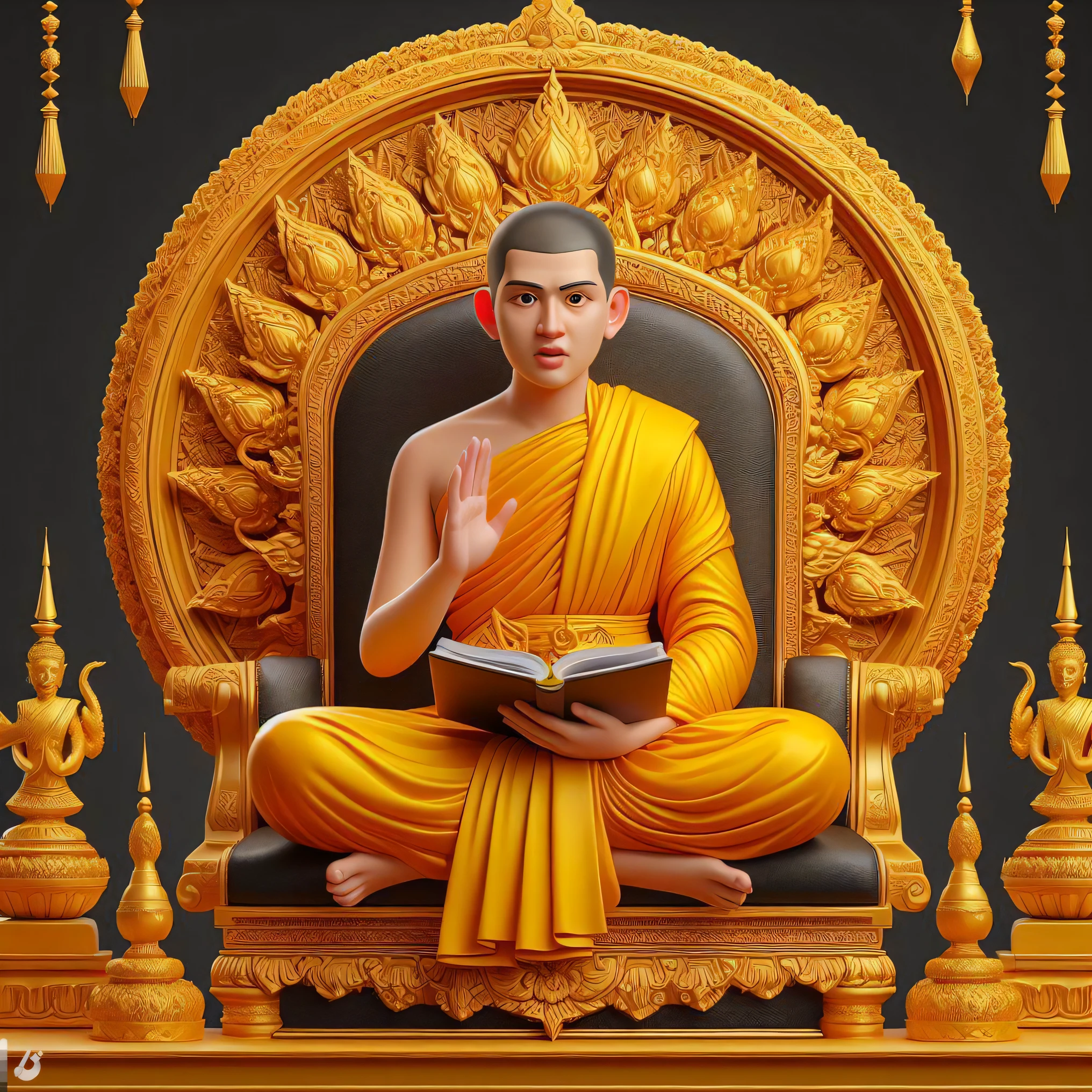 there is a man sitting in a chair reading a book, buddhism, tithi luadthong, buddhist, sitting on a golden throne, sitting on golden throne, patiphan sottiwilaiphong, nivanh chanthara, puṣkaracūḍa, samsara, the buddha, monk meditate, temple background