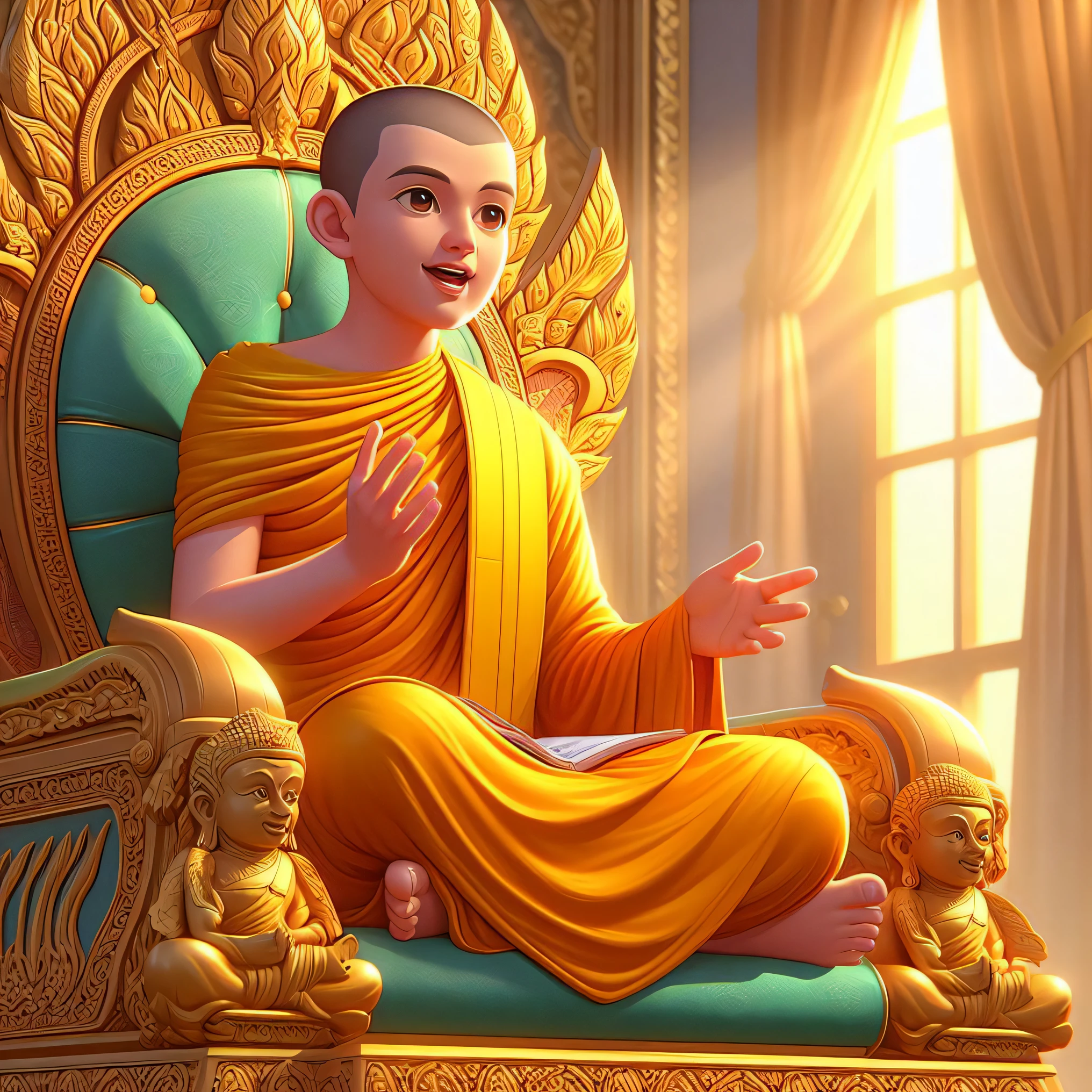 buddha sitting on a throne with a golden robe and a golden crown, buddhism, samsara, monk meditate, buddhist monk, buddhist, buddhist monk meditating, the buddha, buddha, enlightenment, monk clothes, monk, concept art of a monk, tithi luadthong, sitting on a golden throne, portrait of monk, sitting on golden throne, fisting monk