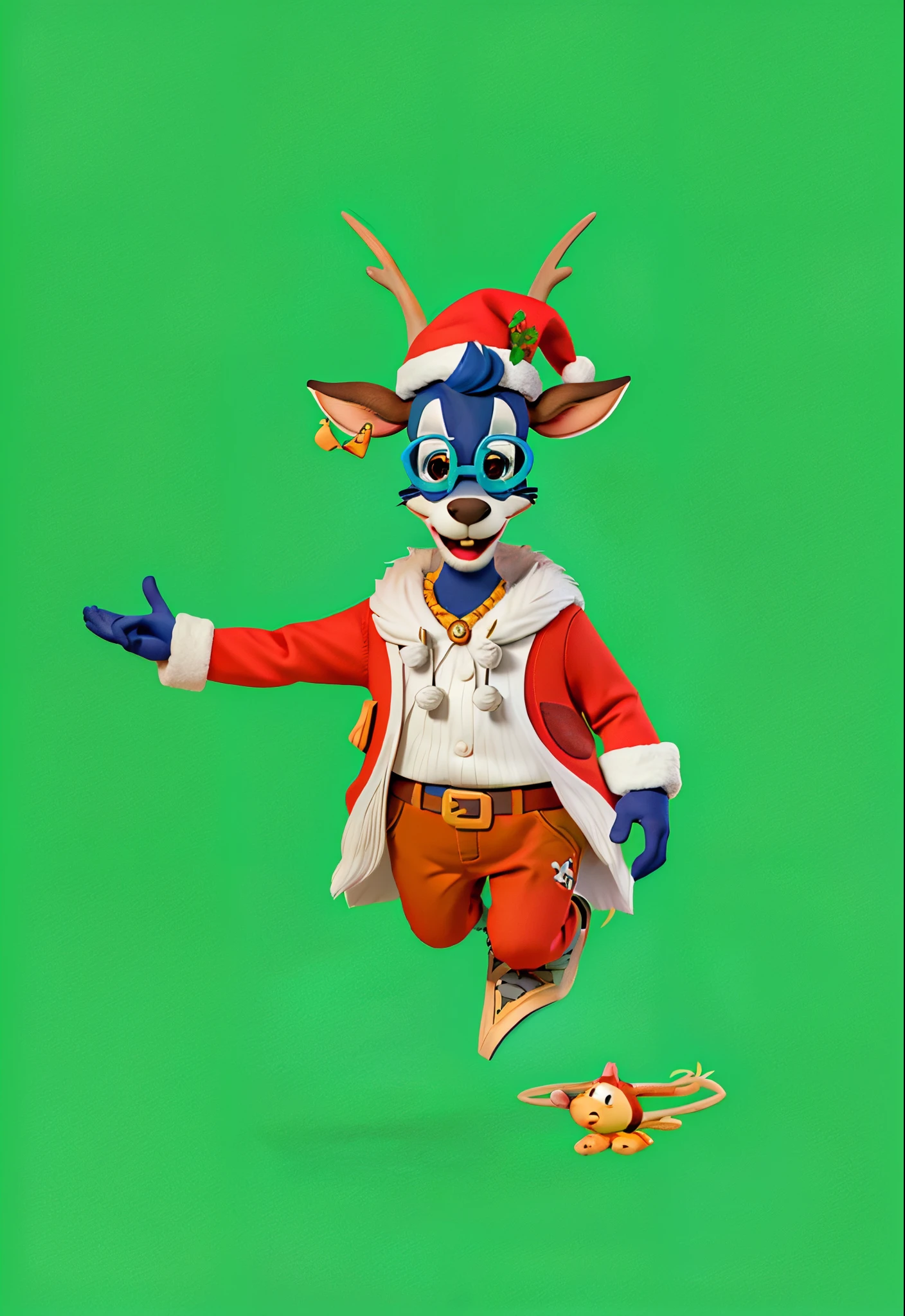a close-up of a cow wearing a Christmas hat, um casaco de natal,CASACO DE PAPAI NOEL VERMELHO, RED SANTA HAT and glasses, peludo estilizado da disney, estilo loony tunes | | | | |, sem linha, Personagem Antasy, animation character, an anthropomorphic deer, anthropomorphic deer, Caractere mesclado, bater bandicoot artstyle, The left hand makes the gesture of showing something to someone.Alice Cooper como uma cabra, Arte Oficial, estilo loony toons | | | | |, tonic the fox, rotoscopia