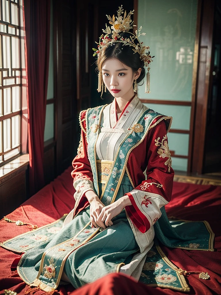 (ultra realistic 8k CG:1.2),perfect artwork,delicate pattern,intricate detail, (unparalleled masterpiece,best quality:1.2),(extremely intricate:1.2),a woman in a yellow and green dress, Phoenix crown,hair stick,(sitting on red bed),Cosmetic,blush,shy,blue_hair, looking down, Cosmetic,(forehead dot),(2 white candles), chinese_clothes, curtains, earrings, hair_ornament, hanfu, indoors, jewelry, red nails, long_sleeves, yellow dress, red lips, tassel, (green quilt),(red palace:1.2),(ancient Chinese architecture),(red:1.8),night