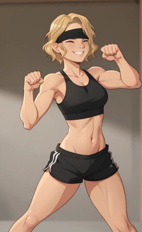 A beautiful blonde barefoot woman, with short wavy hair, wearing a black blindfold, a black sportsbra and sportsshorts, standing in a fist fighting pose, looking happy.