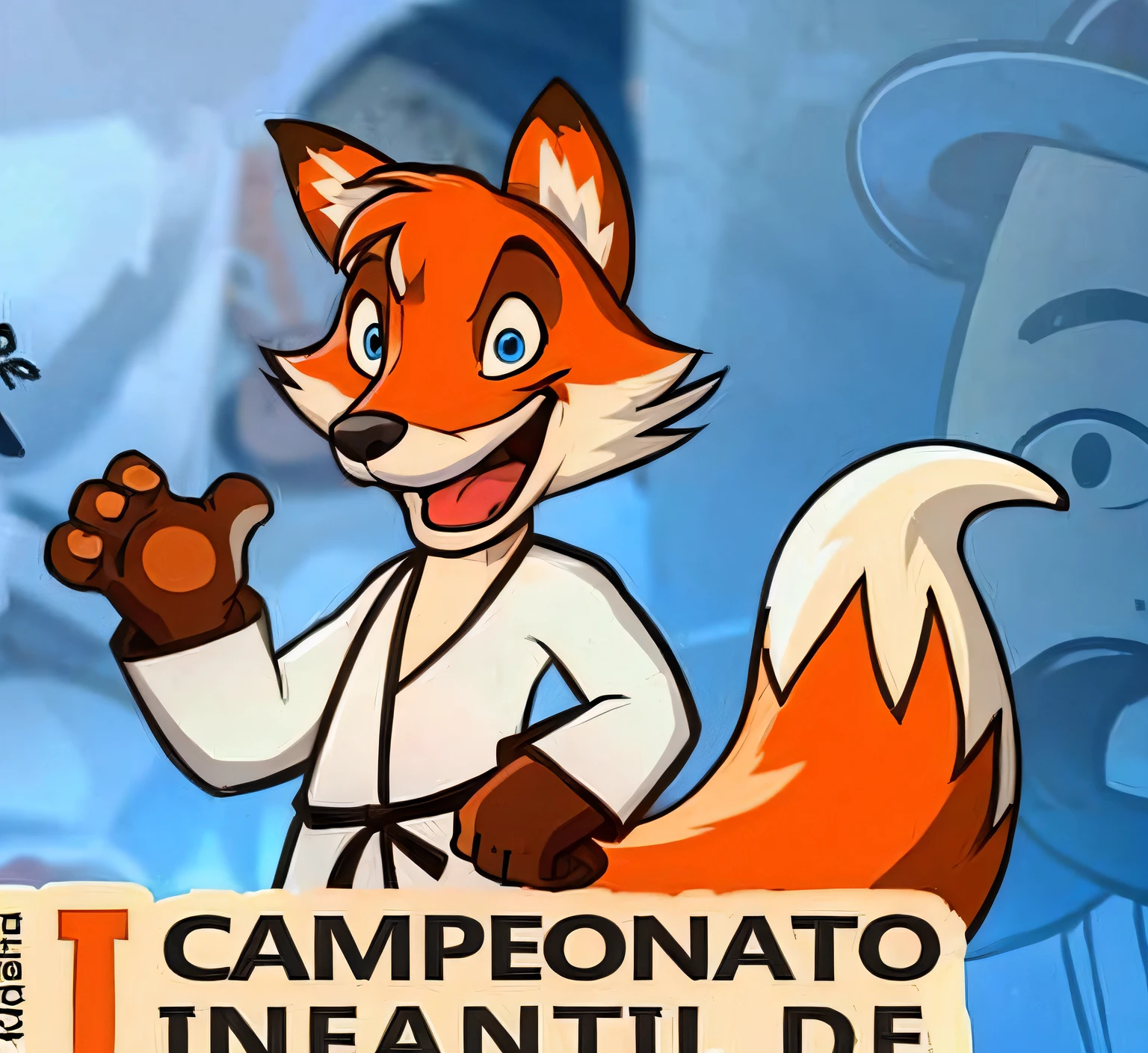 2D drawing Orange fox waving his hand, dressed in karate uniform. fundo azul.