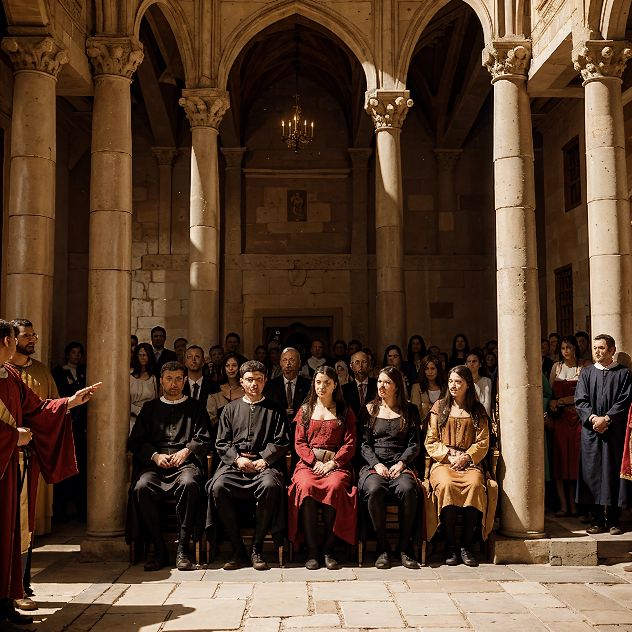 medieval court in the palace, crowds