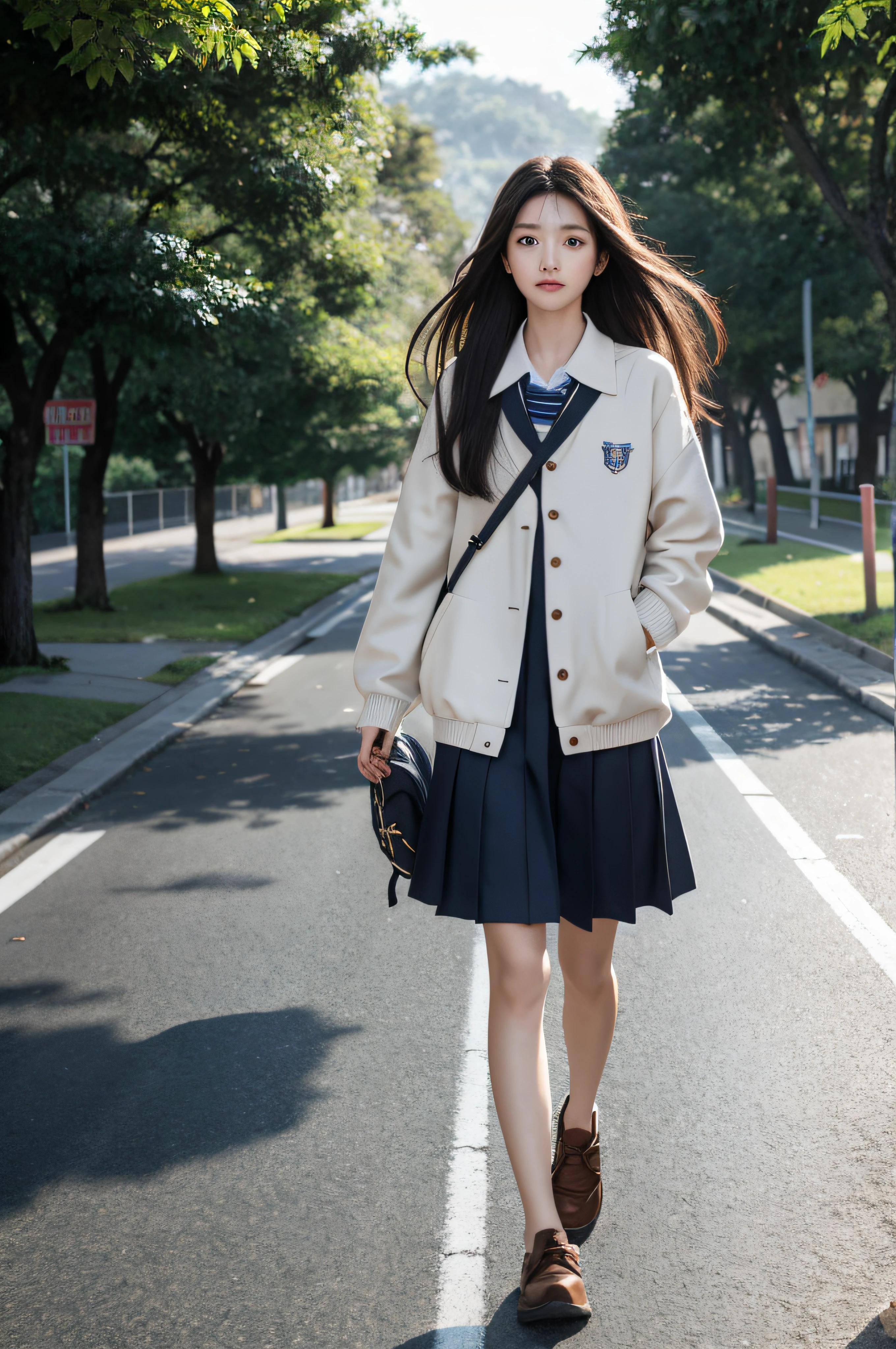 Beautuful Women、Walk the path of school、Girl flicks long Gail、Wearing a school uniform、Choose a school bag、Both sides of the tree on the side of the road、blows wind、rowing on the ground、The tree々water droplets from、some of the taxes will fall、length hair、A dark-haired, cowboy shot, One-person viewpoint, 光线追踪, reflective light, anime styled, masterpiece, hightquality, tre anatomically correct, C is correct, super detailing, nffsw, hard disk