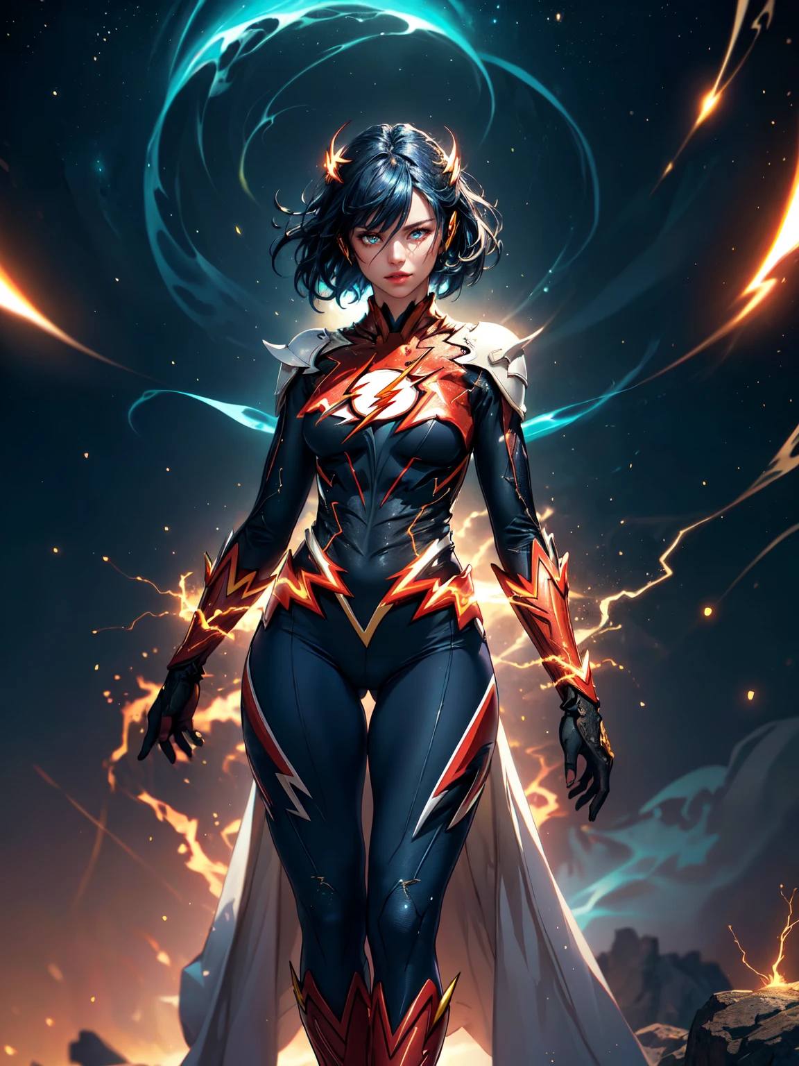 ((masterpiece)),(best quality), ((mature 1woman)), ((intricate tight clothes, perfect body)), ((cinematic)), dynamic:1.2, particles:1.2, (pastel:1.2), (intricate cinematic background:1.2), (depth of field), (action movie), amazing, ((dramatic scene from movie)), powerful, realistic light, (((Gaussian blur:1.2))), (ultra realistic:1.3), ((bloom effect:1.2, soft lighting)), The birth of Creation, ((energetic and colorful streams of light in an epic galactic sky on background)), with professional color grading, soft shadows, no contrast, clean sharp focus, nebula, UHD, HDR, 16K, knight, armor, ((blue glowing lightnings)), (the flash inspired:1.5), (ultra glowing eyes with lightnings:1.3), (goddess of speed), (epic look), detailed face, perfect hands, (((intricate detailed clothes))), (3d artstyle:1.2), ((sporty body)), (thick thighs)