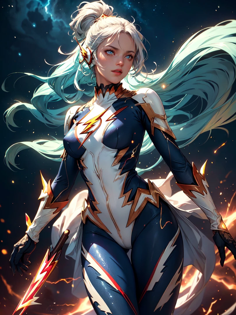 ((masterpiece)),(best quality), ((mature 1woman)), ((intricate tight clothes, perfect body)), ((cinematic)), dynamic:1.2, particles:1.2, (pastel:1.2), (intricate cinematic background:1.2), (depth of field), (action movie), amazing, ((dramatic scene from movie)), powerful, realistic light, (((Gaussian blur:1.2))), (ultra realistic:1.3), ((bloom effect:1.2, soft lighting)), The birth of Creation, ((energetic and colorful streams of light in an epic galactic sky on background)), with professional color grading, soft shadows, no contrast, clean sharp focus, nebula, UHD, HDR, 16K, knight, armor, ((blue glowing lightnings)), (the flash inspired:1.5), (ultra glowing eyes with lightnings:1.3), (goddess of speed), (epic look), detailed face, perfect hands, (((intricate detailed clothes))), (3d artstyle:1.2), ((sporty body)), (thick thighs)