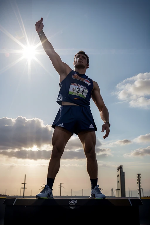 man on a podium with one hand raised celebrating a first place victory, with sunlight on his back allowing only his silhouette to appear, contrasting with the strong light coming from the sun's rays, in the background of a marathon finish.