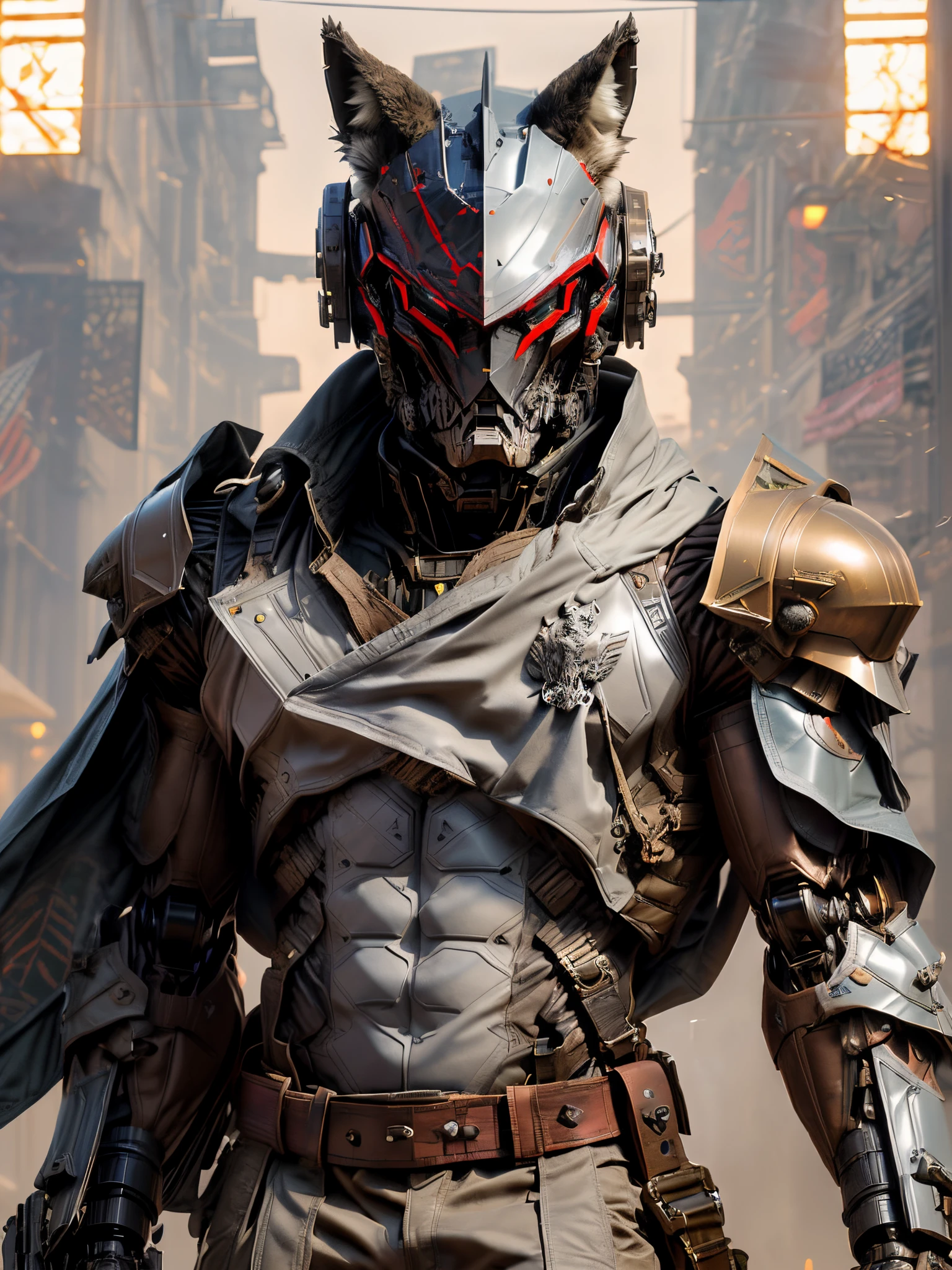(((An epic and visually stunning digital anime masterpiece featuring a sylphlike masculine ((male:1.5)) decorated military wolf furry soldier clad in a sleek yet tactical armored yet decorated leather military trench coat:1.2))), (((flat masculine male chest:1.5, mechanical mecha knight wolf head with a narrow visor:1.5))), (((the character is adorned in a (scifi tactical armored open front trench coat with a built in exoskeleton, hood pulled up) (over a form fitted armor plated yet super sleek and revealing under suit with waist cut outs), the armor plating on the upper arms and shoulders beautifully engraved))):1.4. The image showcases the intricacies of the character’s armor and clothing:1.5, ((capturing their flamboyant essence and heavy mecha aesthetic:1.2)). The character also possesses an androgynous charm, (((with slim yet heavily muscled physique:1.2, sylphlike with a sleek waist, toned yet beautifully sleek cybernetic arms:1.3, mechanical arms and legs:1.3, mecha muscles:1.3))), looking at viewer, (((brass metal armor and brown leather, dieselpunk:1.3)))