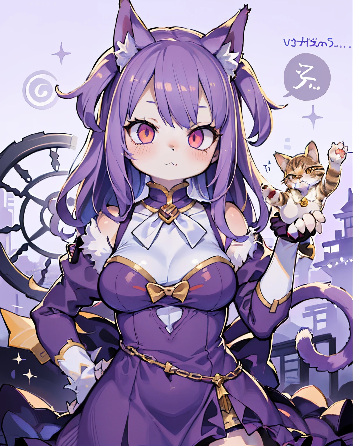 anime girl with purple hair and purple dress holding a cat, anime moe artstyle, shalltear from overlord, marin kitagawa fanart, demon anime girl, cute anime catgirl, portrait of magical girl, very beautiful anime cat girl, cat girl, attractive cat girl, anime girl with cat ears, anime monster girl, anime catgirl, mika kurai demon