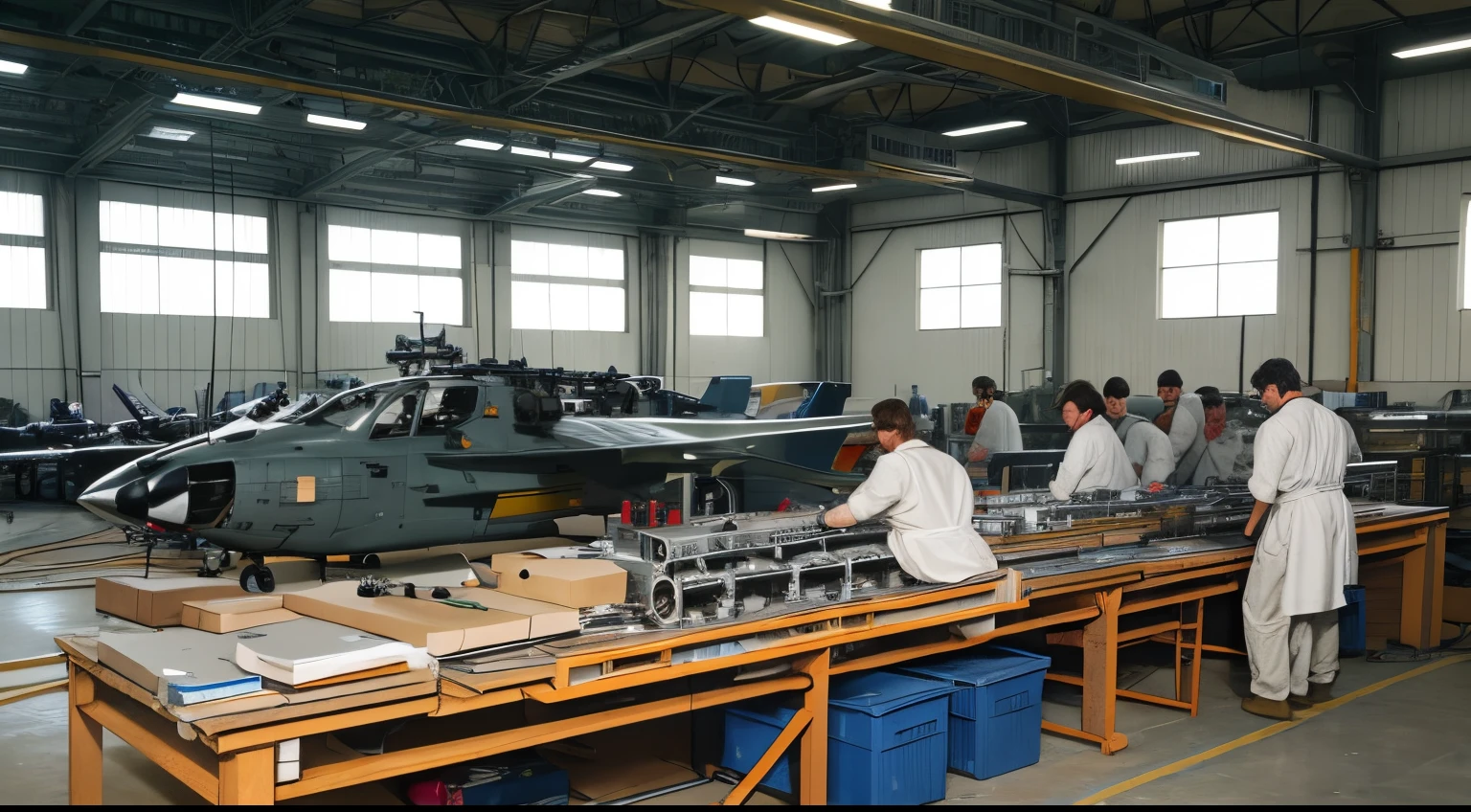 creazy engineers, 70s design bureau, middle aged men in white smocks, building jet aircraft, assembling jet parts, manufacturer indoor hall, military helicopter parts being assembled