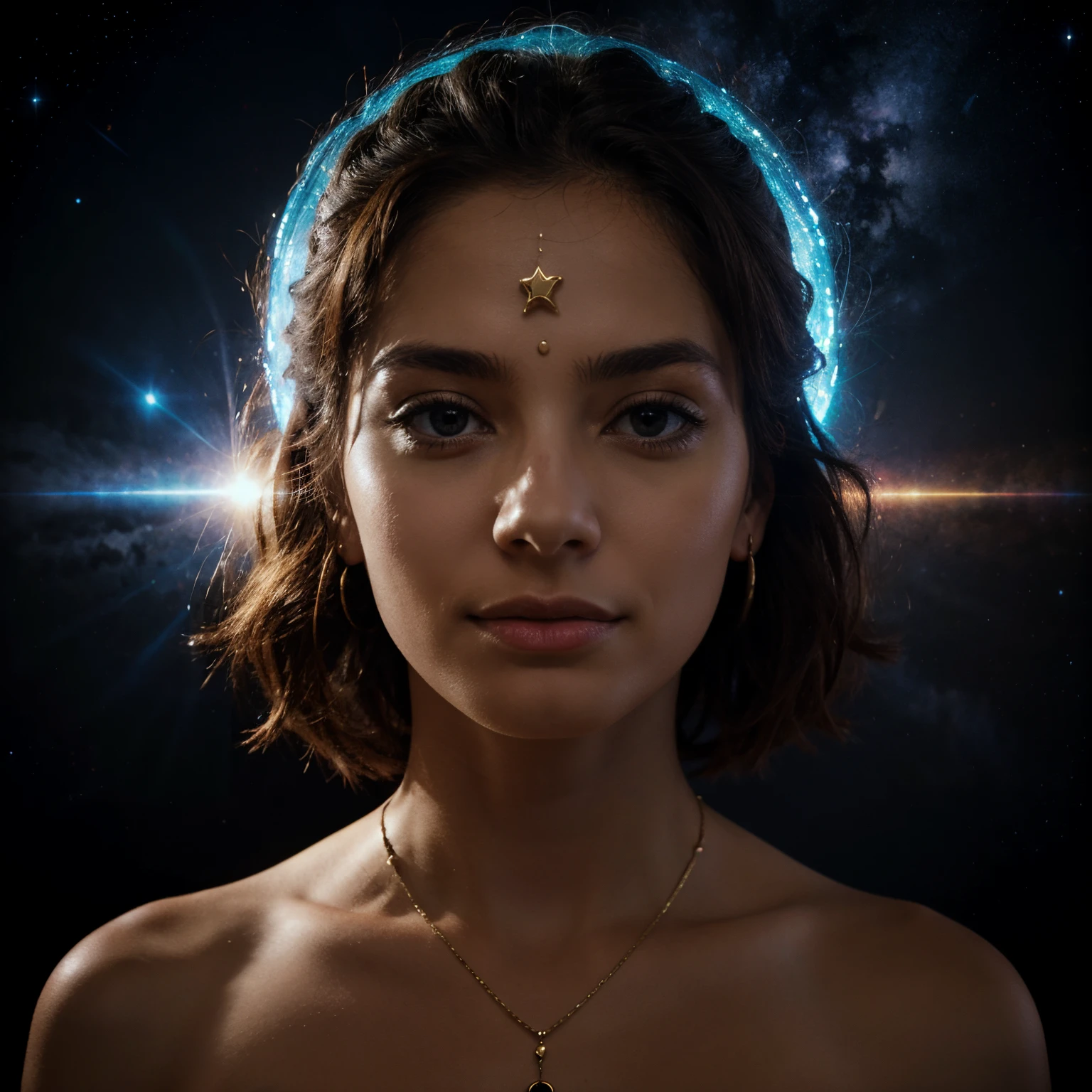 imagem ultra realista universo detalhado sistema solar, imagem do corpo humano detalhada unissex, corpo de um lindo e lindo deus detalhado, powers in hand detailed, poderes nos olhos detalhados, universo em segundo plano