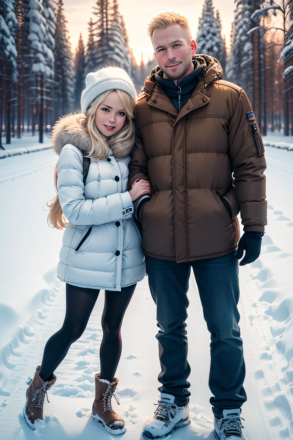 2 people, 1 man and 1 woman, married couple, blonde, friendly, pretty face, 30 years old, winter, Finland, northern Europe