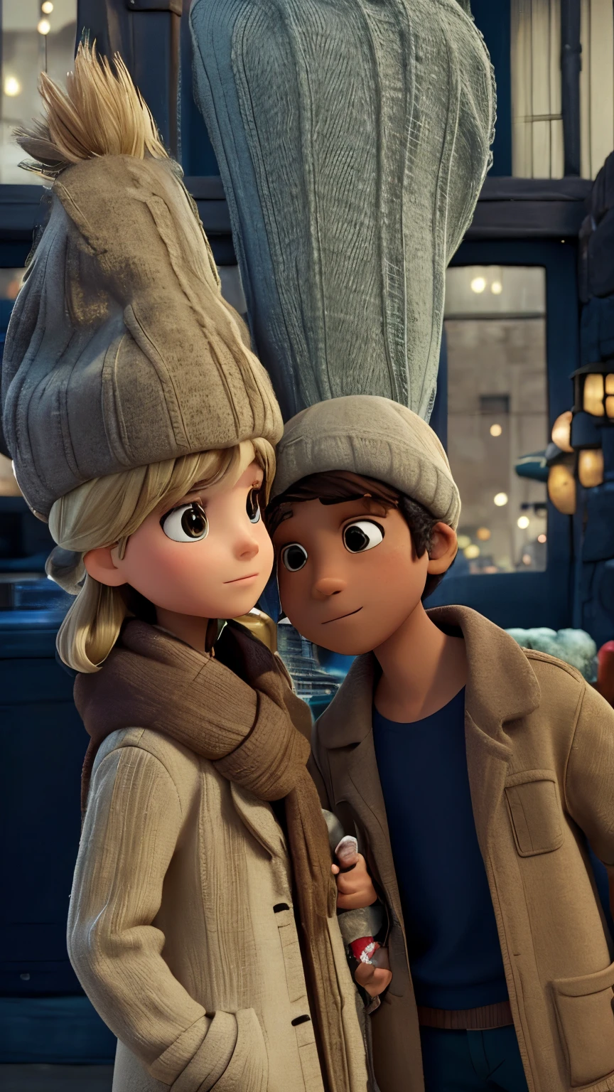 Couple of man and woman where the man is facing the front putting we die, tiene un jersey negro y una chaqueta color beige.Ella tiene un gorro de lana beige, a beige and brown scarf and a beige coat.The boy is leaning a little and the girl is in profile giving him a kiss on the cheek.In the background you can see the Christmas lights hanging