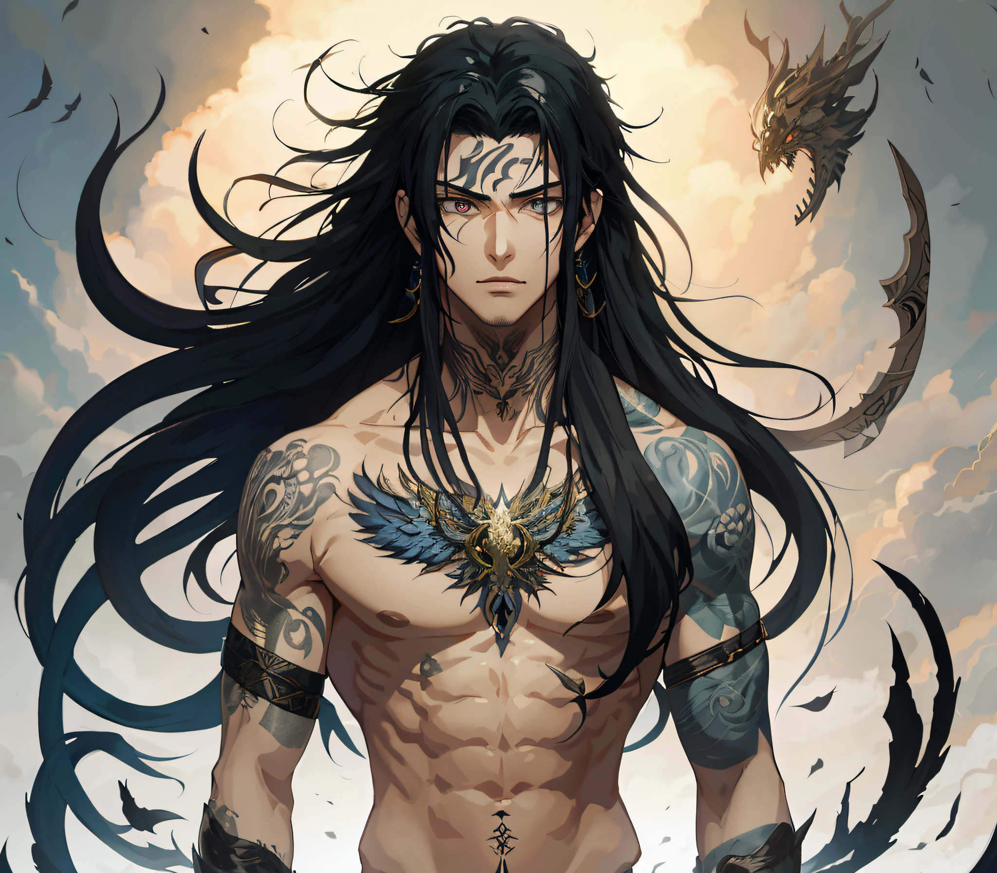 anime man with tattoos and a sword in front of a cloudy sky, Anime Tribal Boy com cabelo longo, cara bonito na arte demon slayer, handsome japanese demon boy, Deus masculino bonito da morte, personagem de anime masculino, arte detalhada do personagem de anime, anime em estilo fantasia, homem bonito anime, 2. 5 d cgi anime fantasia arte, badass anime 8 k