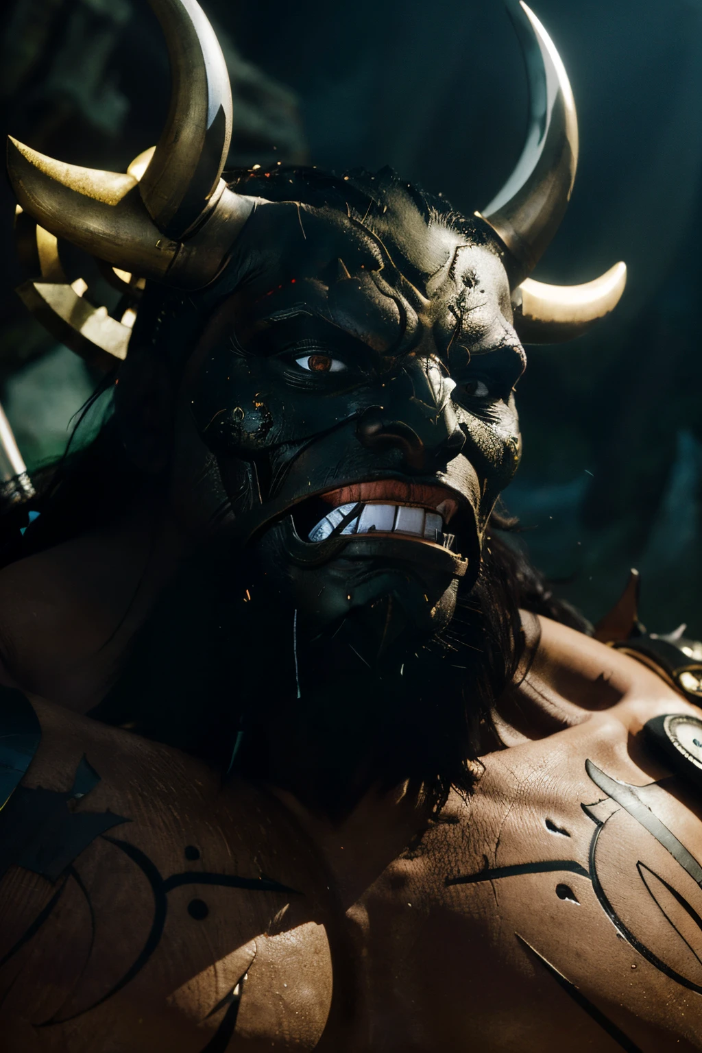 The Logoro stands as a colossal figure, muscles rippling across his grey-green skin, bearing the visible scars and battle-worn evidence of countless conflicts. Tribal ornaments intricately woven into his jet-black hair cascade from beneath the imposing Bull Mask he wears, a testament to his untamed and barbaric nature. His penetrating gaze, emanating through the mask's eye apertures, exudes an insatiable ferocity and unwavering determination.
The Bull Mask itself, adorned with mighty horns curving upward, creates a and menacing visage. The open mouth of the mask reveals a row of razor-sharp teeth, while the eyes appear to intensely scrutinize anyone who meets their gaze.
Clad in battle-worn heavy armor, forged plates meld seamlessly with his skin, embellished with tribal symbols. In his grasp, the Logoro wields the Magical Great War Axe with mastery, the gleaming dark blade reflecting both sharpness and ominous decoration.
Capturing a dynamic atmosphere, the Logoro assumes a combat-ready stance, exuding power and certainty. The tattered cloak billows in the wind as the Logoro advances, conveying a sense of movement and unwavering determination.
The image encapsulates the Logoro's eyes expressing ferocity and determination, communicating his aggressive interpretation of justice. The environment may exude an atmosphere of challenge and tension, reflecting the context of battle or a menacing presence.
The goal is to create an image that vividly and suggestively captures every aspect of the character, from physicality to armament, down to the overall surrounding atmosphere.