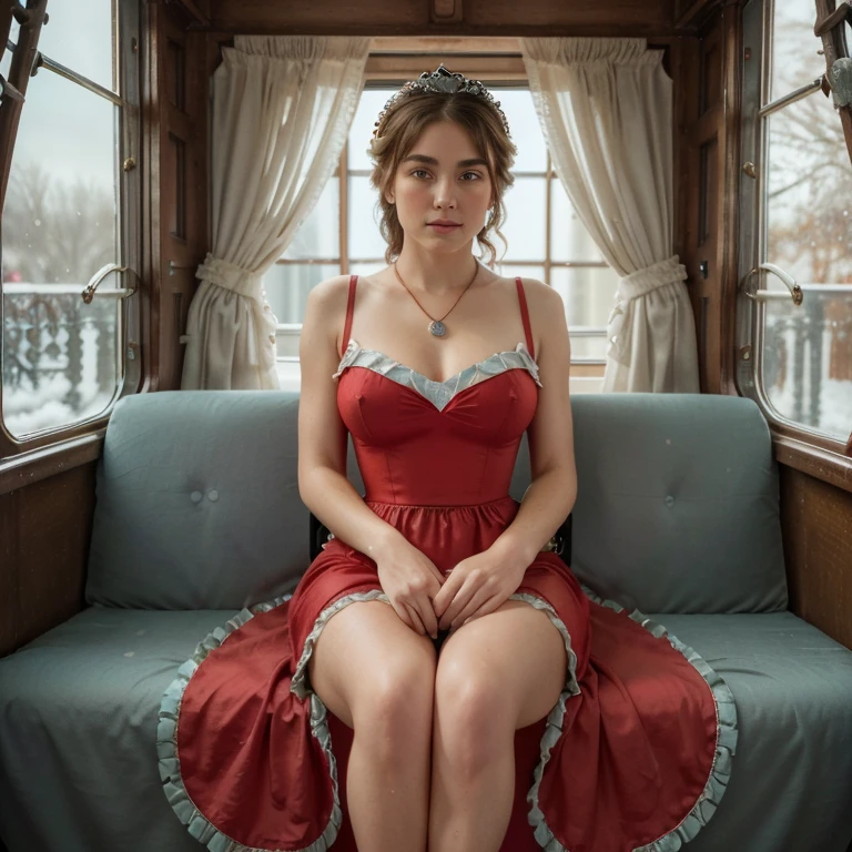 Highest Quality、hight resolution、ultra-detailliert、tmasterpiece、RAW photography、realisitic、photorealestic:1.5、extreamly delicate and beautiful、finely detail、1womanl、(Super beautiful)、(beatiful face:1.6)、(Detailed Face)、Cinderella heroine、(European:1.1)、curly dark brown hair (sit on the carriage seat:1.2)、(with splayed legs:1.5 , hairy visible, focus on the genitals, large orioles of semi-protruding nipples are visible)、(A short red dress would suit Cinderella..:1.5)、a necklace、Crowns、circlet、(stocklings )、(Cyan eyes)、High-heeledshoes、It's snowing、Historical Background, suitable for Cinderella、(night time:1.3)、(In SFW)