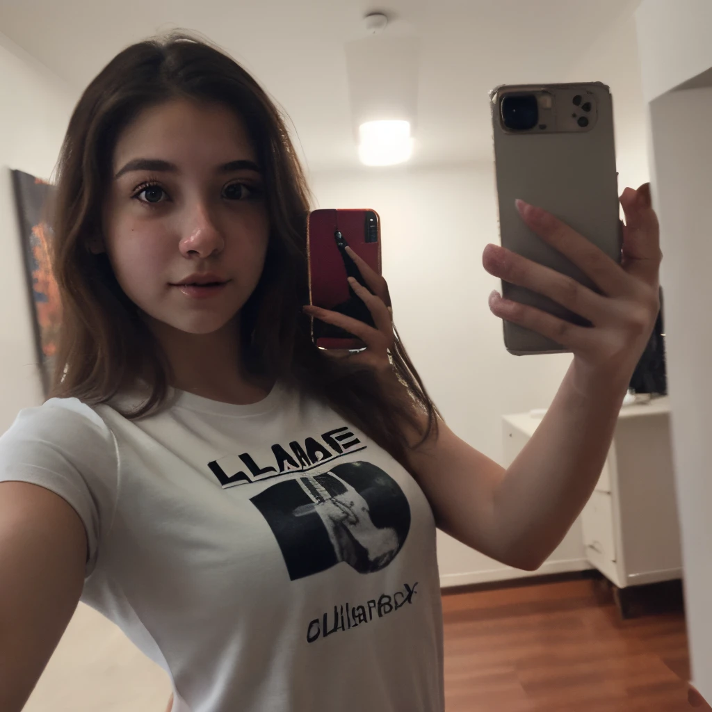 Chica, 18, parada, camiseta, cuerpo entero, (la mejor calidad), (calidad de manos), (calidad de ojos),((calidad de manos)), (Calidad de rostro), (8k), selfie, espejo,