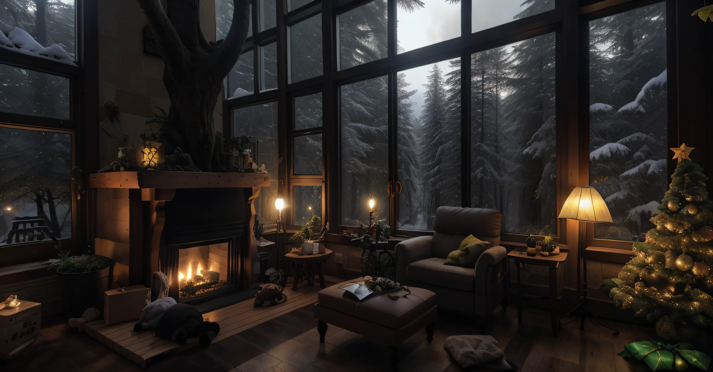 there's a fireplace in a room with a lot of windows, lugar aconchegante, clima natalino, arvore de natal, luzes, pisca-pisca, arvore de natal, meias penduradas na lareira ambiente aconchegante, arte conceitual escura fotorrealista, atmosfera aconchegante, ambiente acolhedor e tranquilo, atmosfera mal-humorada, grumpy cinematic atmosphere, aconchegante e calmo, fundo aconchegante da casa, ambiente aconchegante, fundo aconchegante da sala de estar, Papel de parede aconchegante, Atmoshpere aconchegante, ambiente relaxante, sala de estar aconchegante, ambiente mal-humorado, neve nas arvores do lado de fora, nevando